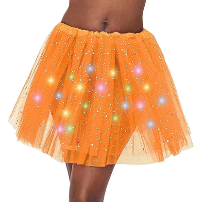 EtherealBe LED halloween tutu skirt for women in orange with colorful lights and glitter accents
