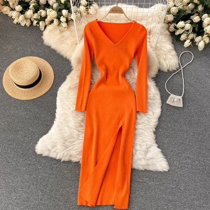 Autumn Winter Sexy High Split Sweater Dress Women Full Sleeve Basic Slim Elastic Bodycon Long Dress Party Vestidos