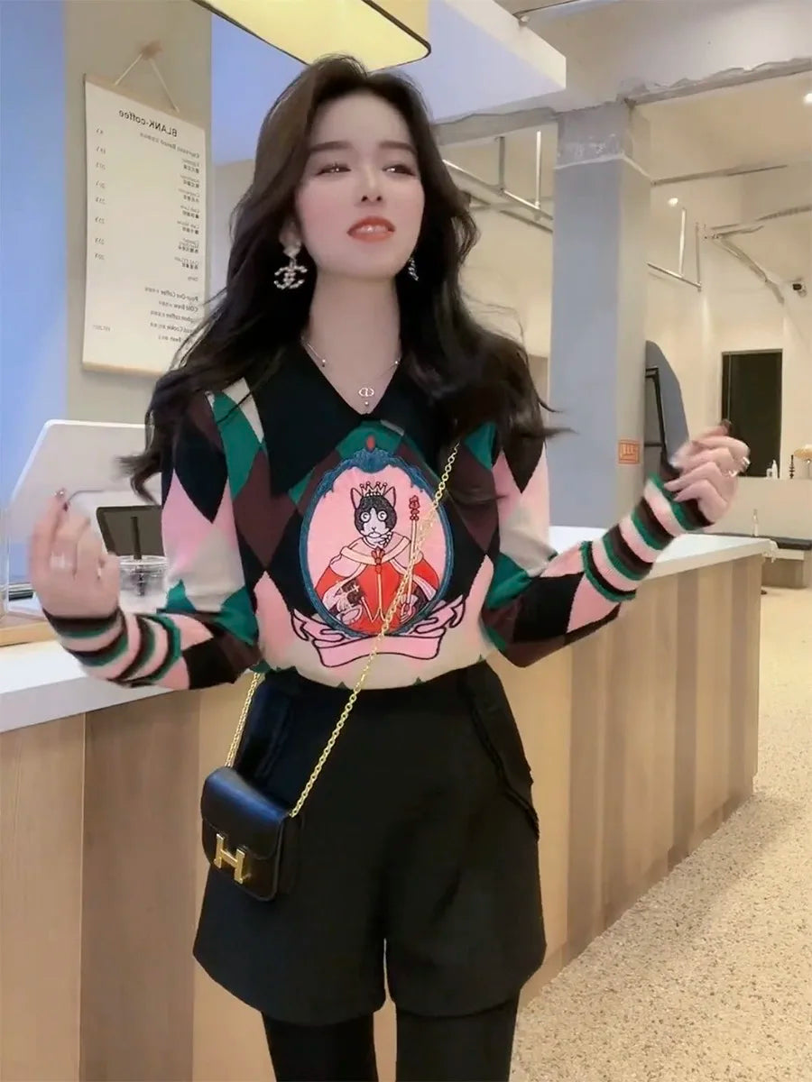 Rainbow Color Loose Knit Sweater For Women Pullover Tops 2023 Autumn Winter Long Sleeve Turn-down Collar Fashion Stylish Jumpers