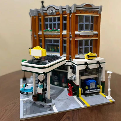 In stock Street View Corner Garage Station Modularize Building Blocks Model Educational Toys Gifts Kids 2569pcs 15042 10264