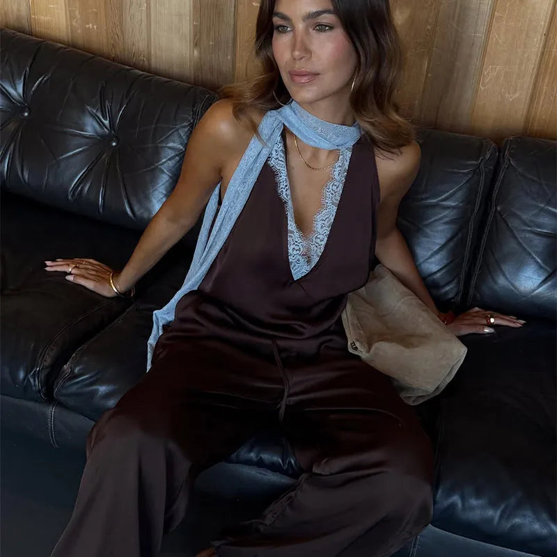 Contrast Patchwork Lace Maxi Skirt Suit Women Satin V-neck Sleeveless Skirts Suits 2025 Lady Summer Casual Daily 2 Pieces Set