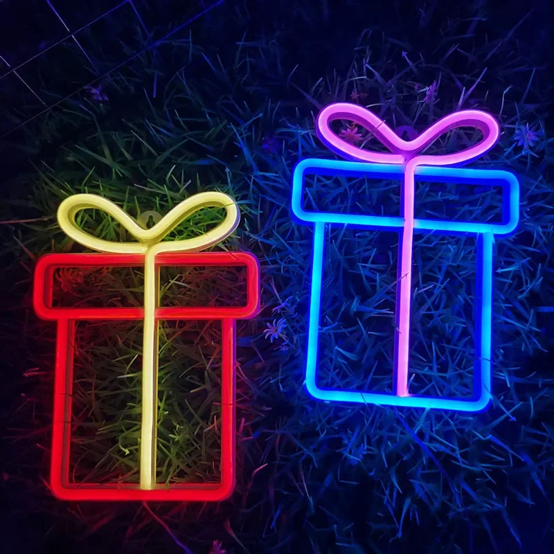 Christmas Gift Box Led Neon Sign Wall Light Santa Claus Coming Bedroom Kids Living Room Bar Party Wedding Decoration Night Lamp