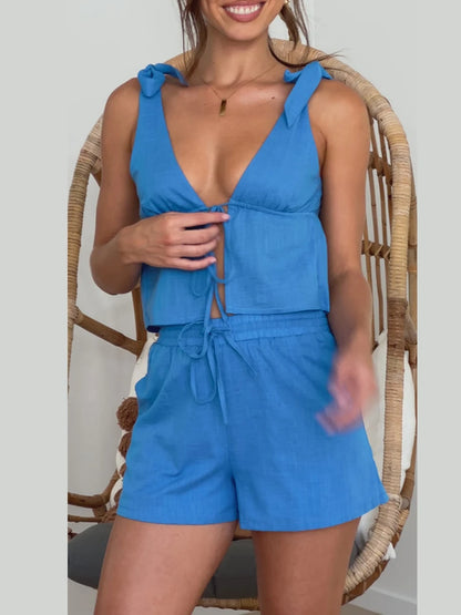 Women Y2k Shorts Set Sleeveless Tie Front Peplum Tank Top and High Waist Shorts Lounge Set Summer Pjs 2 Piece Sleepwear