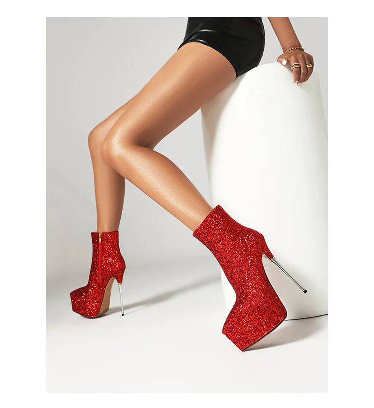 2025 New Autumn Winter Shiny Stiletto Ankle Boots Woman High Heels Glitter Bling Short Boots Women Platform Pointed Toe Shoes