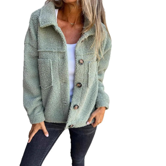 Women's Winter Jacket Lamb Wool Warm Casual Commuting Coat Lapel SingleBreasted Fashionable Cardigan withPocketsThick OutdoorTop