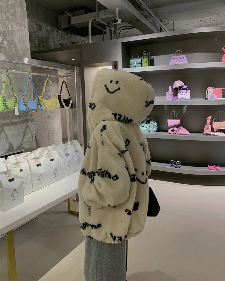 Jackets For Women 2022 Winter Cashmere Chic Printing Hooded Fashion Street Outerwear Sweet Casual College Women's jacket Coat