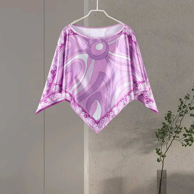 Geometric Print Cape Women's Set Loose Batwing Sleeve Top Flowy Maxi Skirt 2025 Summer Elegant Suit Holiday Fashion Lady Sets