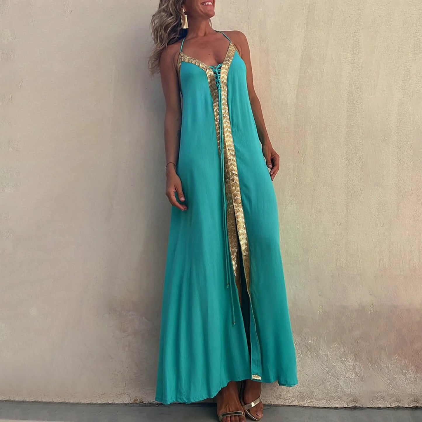 Summer Womens Boho Dresses Lace Up Halter Maxi Dress Vacation Beach Dresses Vestidos Bohemian Long Sundress платье женское