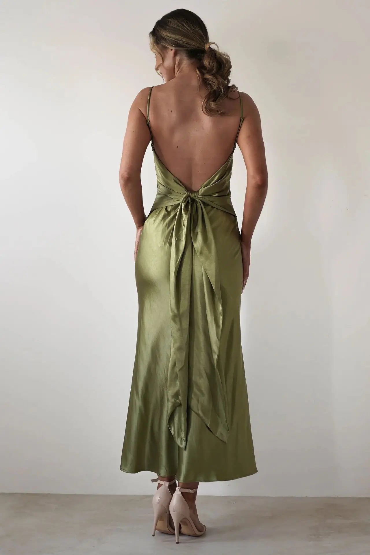 EtherealBe Sexy Satin Halter Dress in Olive Green