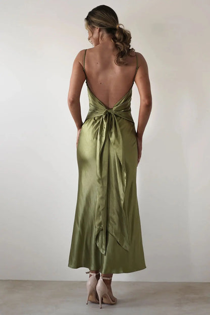 EtherealBe Sexy Satin Halter Dress in Olive Green
