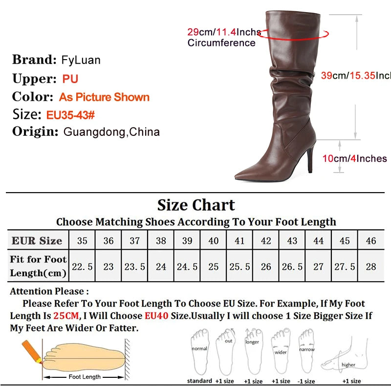 2025 Winter Knee Boots With Heels Woman 10CM Stiletto Fashion Slip on Pointy Autumn Shoes Women Soft Leather Pleated Long Boots