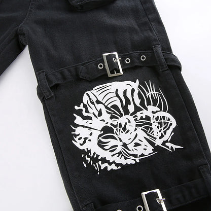 Women'S Trousers Low-Rise Gothic Jeans Street Washed Print Style Cool Loop Pants Retro Hip Hop Wide-Leg Pants Harajuku Fashion