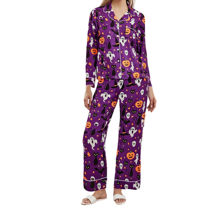 Women Halloween Pajama Set Pumpkin Ghost Long Sleeve Tops + Pants For Nightwear Homewear Casual Wear