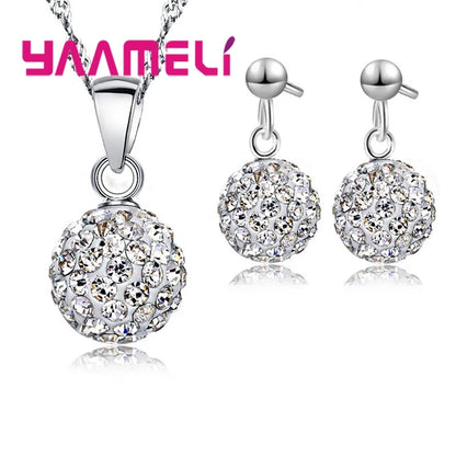 925 Sterling Silver Stamped Bridal Jewelry Sets Women Girls Wedding Gifts Austrian Crystal CZ Disco Ball Necklace Hoop Earrings