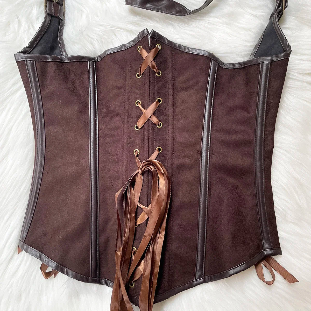 Brown Suede Corset Top with PU Leather Gothic Steampunk Bustier Lace Up Slim Waist Shapewear Women Halloween Cosplay Costume