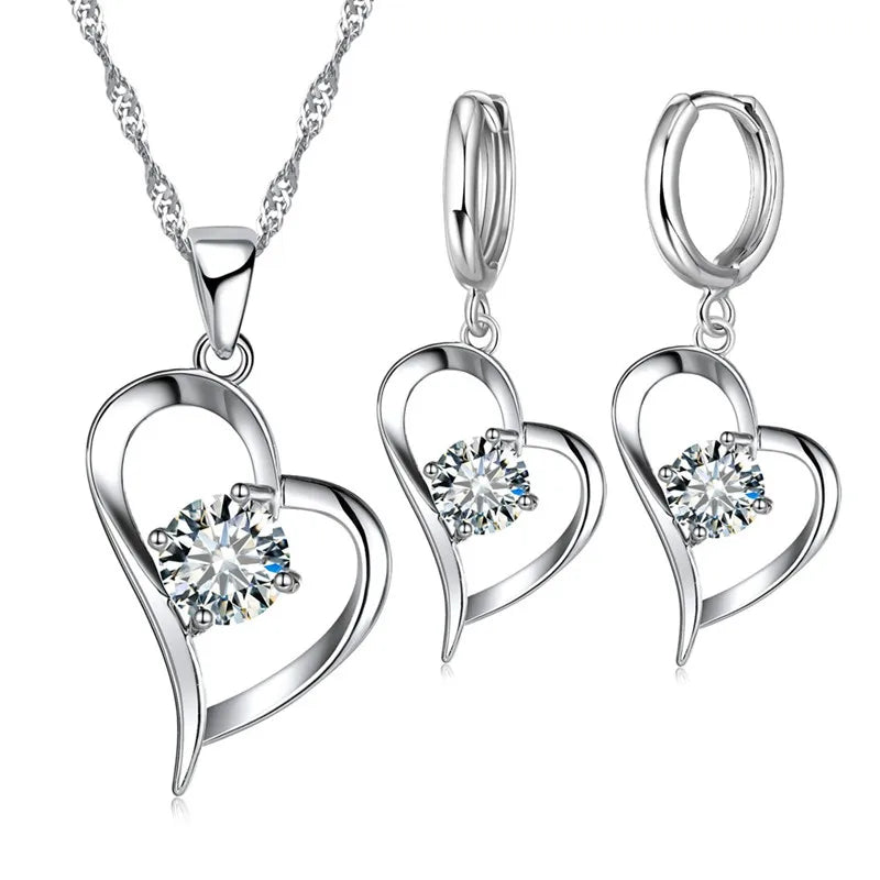 925 Sterling Silver Color Wedding Jewelry Sets for Women Love Heart Hollow Pendants Necklaces Earrings Clear Austrian Crystal