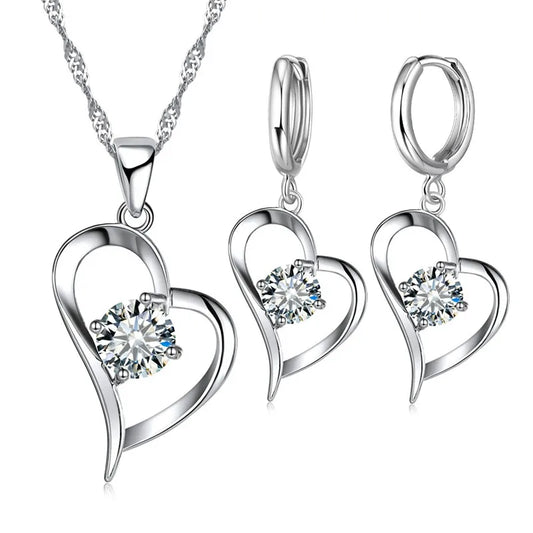 925 Sterling Silver Color Wedding Jewelry Sets for Women Love Heart Hollow Pendants Necklaces Earrings Clear Austrian Crystal