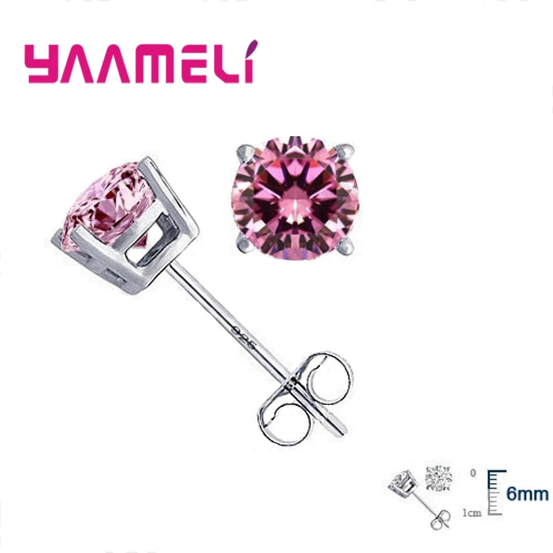Classic CZ Crystal Stud Earrings 925 Sterling Silver Color for Women Men Unisex Gift AAA Cubic Zircon Wedding Party Jewelry