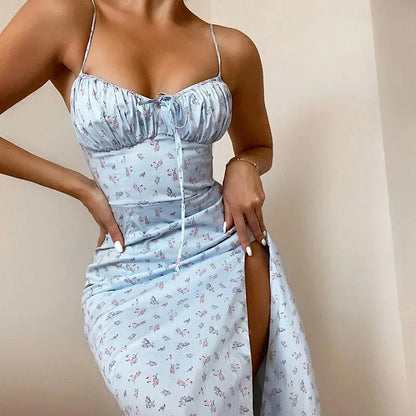 Floral Sexy Suspender Dress Fashionable Strappy Backless Split Skirt Temperament Banquet Summer Women's Wear