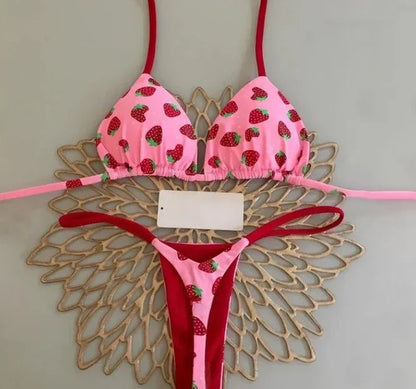 Print Sexy Bikini Sets Halter Lace-up Tops Thongs Beach Style Bathing Suit Y2k Swimsuits Women Beachwear Купальник Женский 2025