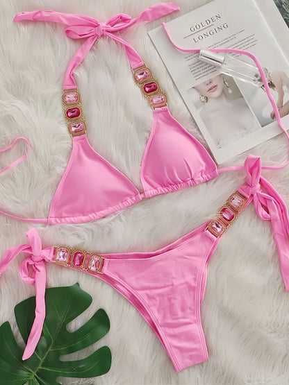 Sexy Rhinestone Bikini Set Women 2025 Luxury Pink Crystal Diamond Push Up Bandage Thong Swimsuit Beach Bathing Suit Swimwear