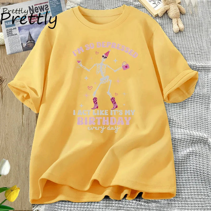 I'm So Depressed I Act Like It's My Birthday T Shirt Women Funny TTPD T-Shirt Skull Tortured Poets Department Printed T-shirts