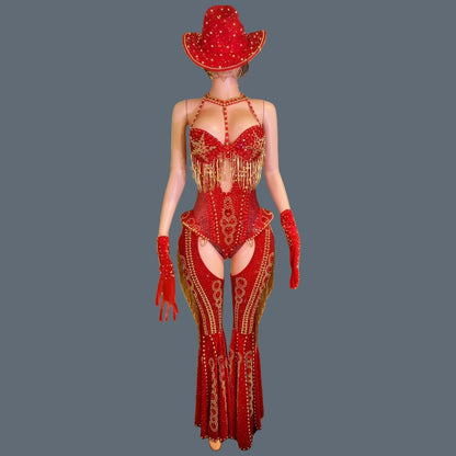 Women Sparkly Rhinestone Red Bodysuit 4Pieces Set Nightclub Party Stage Show Outfit Cabaret Carnival Showgirl Sexy Wear Hongding