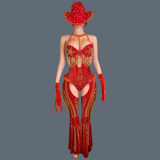 Women Sparkly Rhinestone Red Bodysuit 4Pieces Set Nightclub Party Stage Show Outfit Cabaret Carnival Showgirl Sexy Wear Hongding