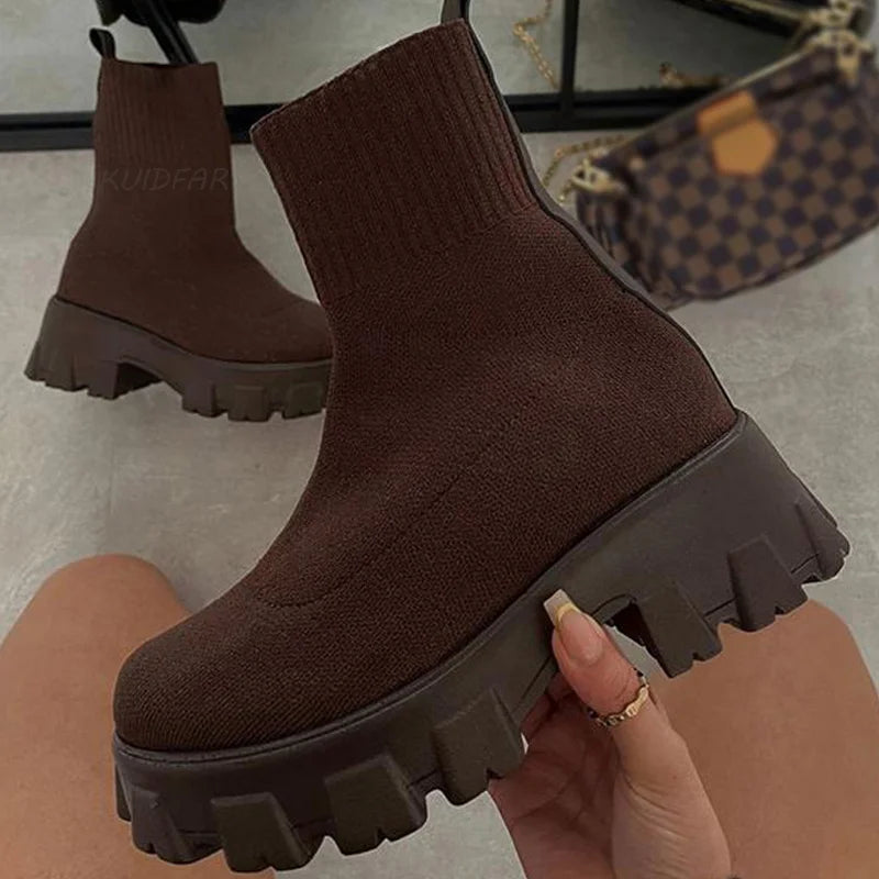 Women Boots 2025 Platform Boots For Autumn Winter Shoes Slip On Platform Shoes Women Ankle Boots White Heels Short Botas Mujer