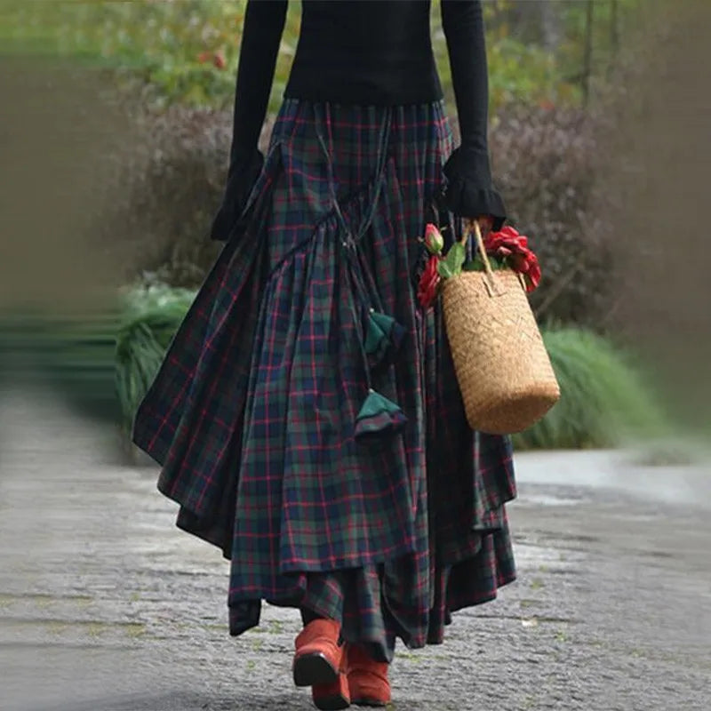 Vintage Weekend Skirt Full Bed Women'S Checked Skirt Long Tartan Retro Maxi Skirt High Waist Tartan Skirt Flared Shape Clothes