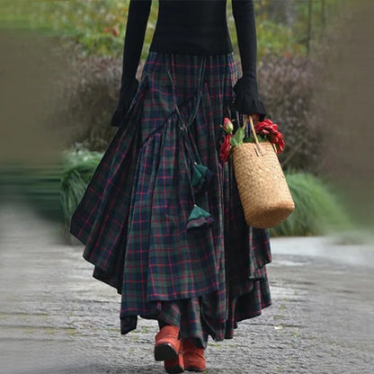 Vintage Weekend Skirt Full Bed Women'S Checked Skirt Long Tartan Retro Maxi Skirt High Waist Tartan Skirt Flared Shape Clothes
