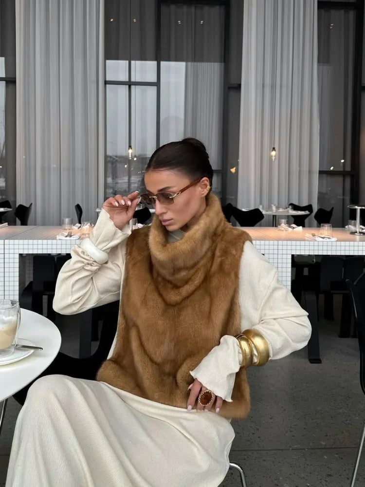 Fashion Women's Faux Fur Vest Sleeveless High Collar Waistcoat Casual Chic Streetwear Outerwear Ladies Fashion Winter 2025 Tops