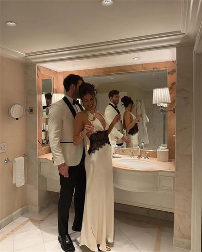 Mozision Summer Backless Sexy Maxi Dress Women Gown Patchwork Lace Halter Deep V Neck Sleeveless High Waist Elegant Long Dress