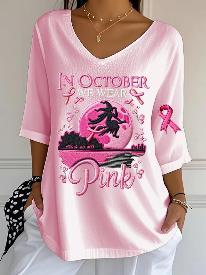 EtherealBe women's Halloween graphic t-shirt in pink featuring a breast cancer awareness design