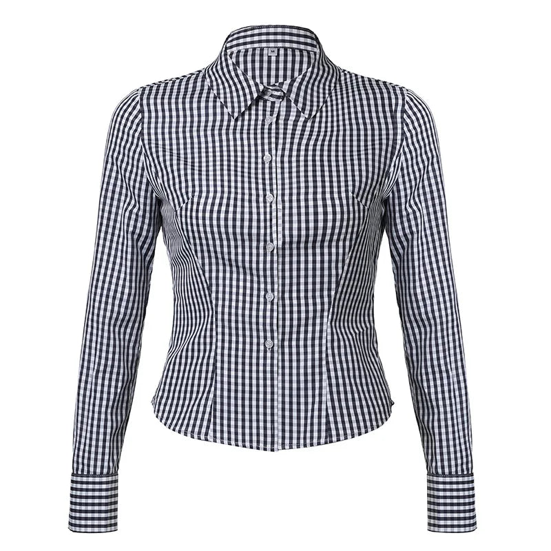 Y2K Black Striped Long Sleeve Button Up Shirt Autumn Elegant Casual Turn-down Collar Blouse Office Lady Women T-shirt
