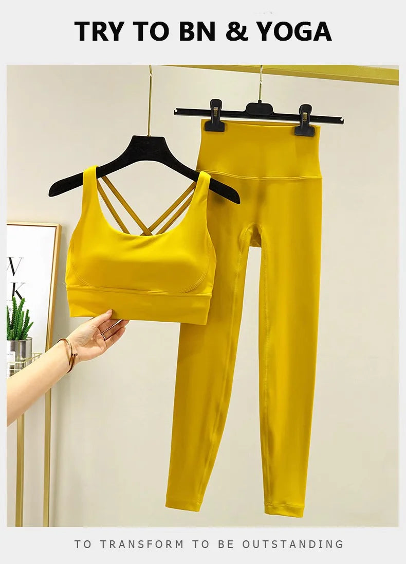 TRY TO BN Women's Tracksuit Yoga Sets Fitness Leggings Sports Bra Naked Sportwear Breathable Workout Two Pieces Suit Gym Clothes