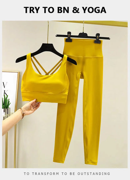 TRY TO BN Women's Tracksuit Yoga Sets Fitness Leggings Sports Bra Naked Sportwear Breathable Workout Two Pieces Suit Gym Clothes
