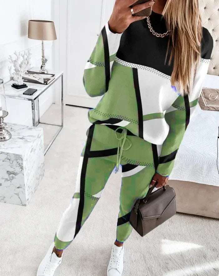 Autumn Winter Fashion Sports Style Two Piece Set Women Casual Printing Long Sleeve Tshirt Pants Two Piece Set Women