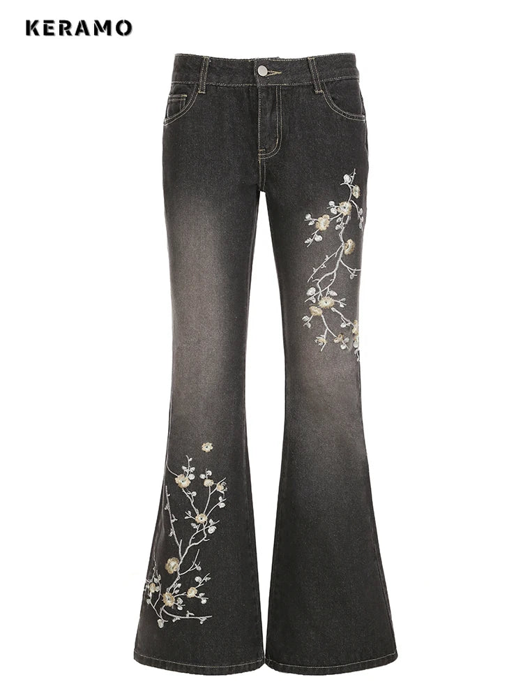 Weekeep Floral Embroidery Jeans Vintage 2000s Low Rise Flared Jeans Women Retro y2k Baggy Denim Pants High Street Basic Trousers