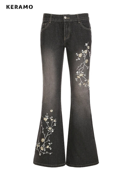 Weekeep Floral Embroidery Jeans Vintage 2000s Low Rise Flared Jeans Women Retro y2k Baggy Denim Pants High Street Basic Trousers