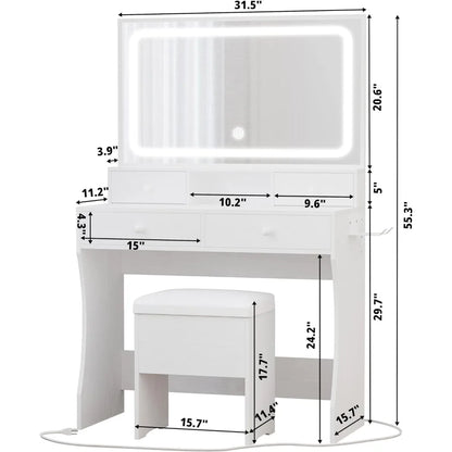 Vanity Desk with LED Lighted Mirror & Power Outlet & 4 Drawers, Home Makeup Table Set with Storage Stool