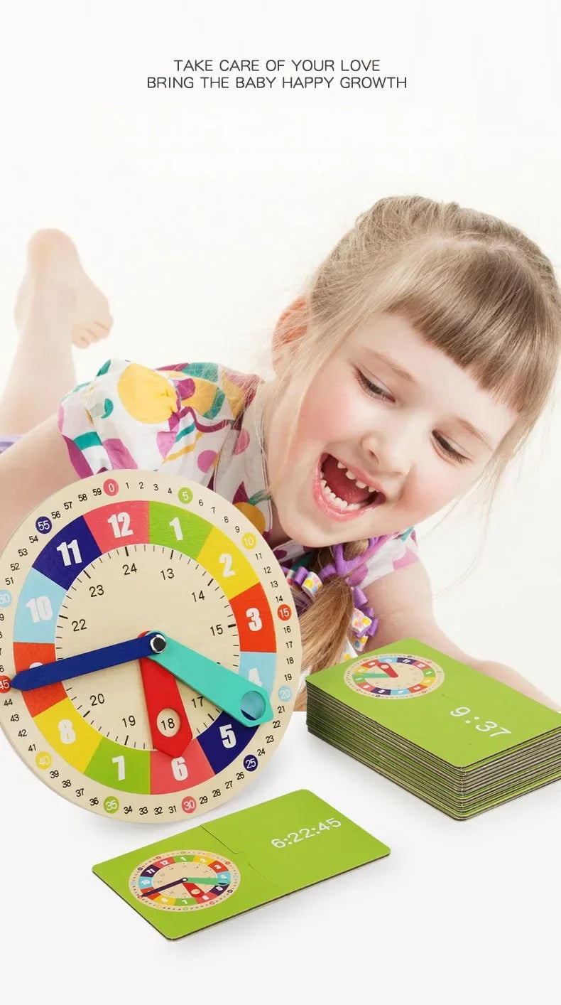 Wooden Clock Model Teaching Aid Montessori Learning Clocks with Cards Kindergartner Toy for Game Interaction Playroom Wall