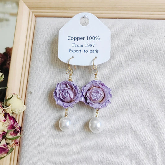Unique Immortal Flower Earrings Elegant Natural Flower Pearl Drop Earrings Statement Jewelry Epoxy Resin Real Rose Earring 2024