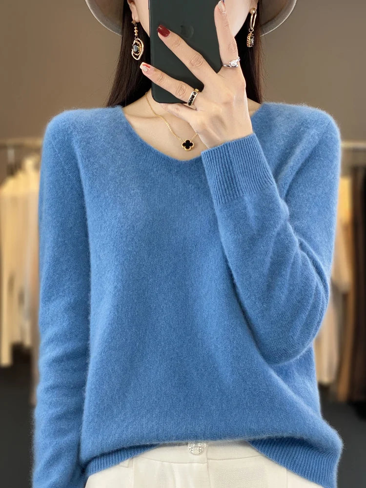 Fashion100% Merino Wool Sweater Cashmere  Pullover Women Knitwear V-Neck Long Sleeve  Autumn Winter Fashion Basic Clothing  Tops