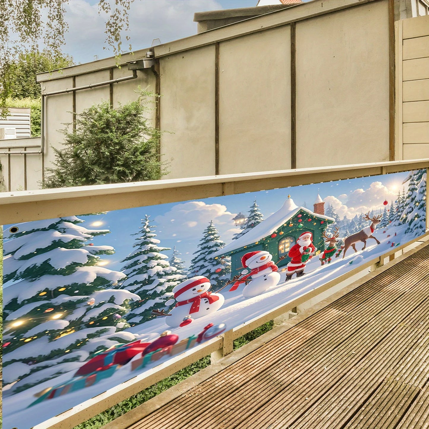 1 Christmas banner - Santa Claus, Snowman and Reindeer Hut Winter Wonderland scene - Heavy holiday decorations