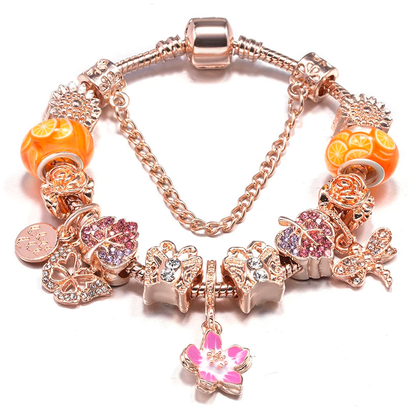 Spring Style Charms Bracelets For Women With Snake Chain Pink Daisy DIY Charms Beads Pendants Fashion Jewelry Dropshipping