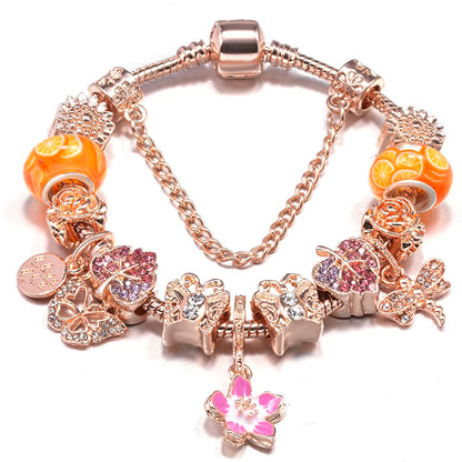 Spring Style Charms Bracelets For Women With Snake Chain Pink Daisy DIY Charms Beads Pendants Fashion Jewelry Dropshipping