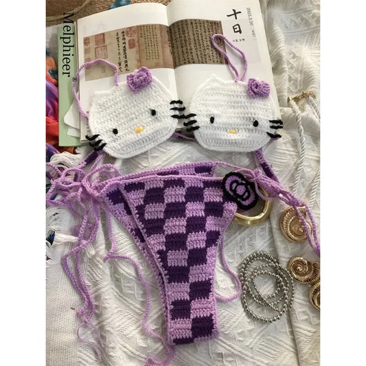 Sanrio Crochet Bikini Set Cute Girls Swimsuits Hello Kitty Sexy Bathing Suit Micro Ties Bikinis Beachwear Women Swimming Suit