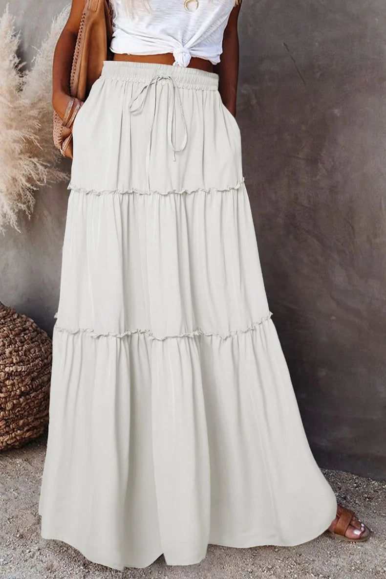 Women's Spring  Autumn New Long Skirt Solid Color Fashionable Mushroom Layered Skirt High Waist Elastic Ruffle Skirt