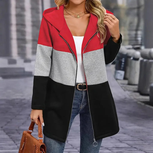 Autumn and Winter Women's Clothing Casual and Fashionable Contrasting Three-color Spliced Hooded Jacket Women's Clothing